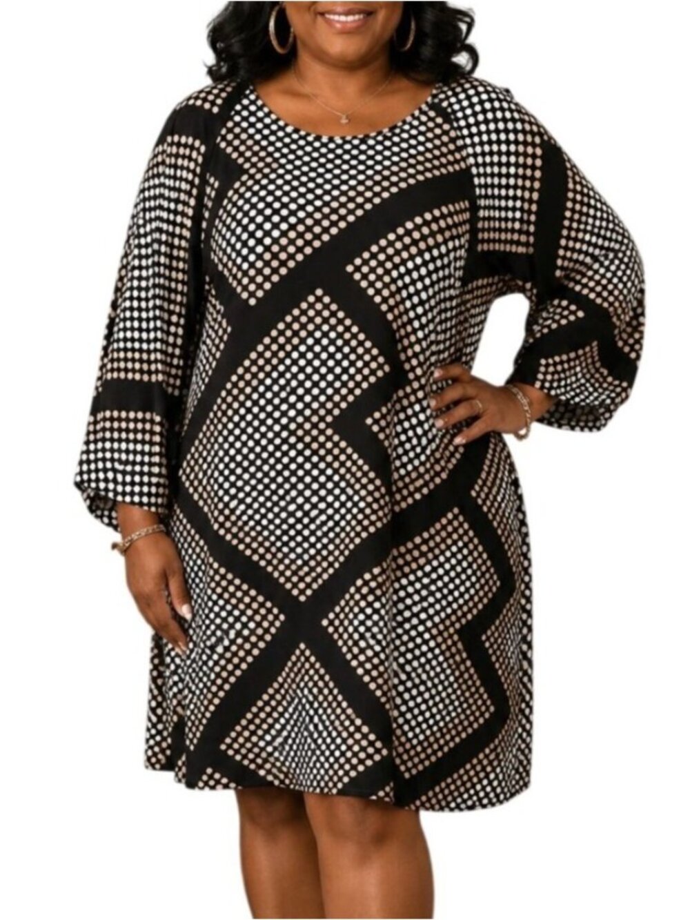 MSK Size Large Dress Tunic Geometric Black Beige Polka Dot 3/4 Sleeve Flowy